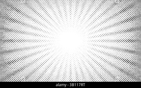 Comics-Hintergrund. Hintergrund für abstrakte Linien. Schattierende Sonnenstrahlen. Gestaltungsrahmen für das Titelbuch. Strukturierte explosive Polka. Strahlbewegung. Musterbewegung Blitz Stock Vektor