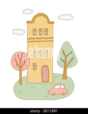 Farbenfroher handgezeichneter Vektor eines niedlichen Hauses mit Bäumen, Wolken und einem kleinen Auto. Perfekt für Kinderbücher, Postkarten, Dekorationen und kreative Projekte. Stock Vektor