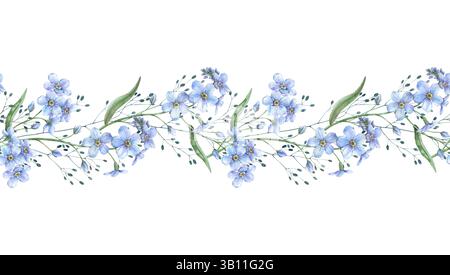 Blaue, schöne Zweige von Vergissmeinnots mit wilden Kräutern. Nahtloser Rand mit botanischem Aquarell, geeignet für Grußkarten und Hochzeitseinladungen Stockfoto