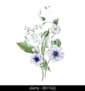 Lila Anemonen, weiße Lilien, grüne Blätter, Morgenglück und Schmetterling. Botanischer Blumenstrauß mit Aquarell, geeignet für Grußkarten, Hochzeit Stockfoto