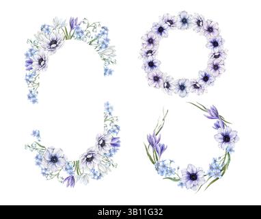 Blaue Vergissmeinnots, weiße und violette Krokusse, Anemonen, grüne und trockene Grashalme. Aquarellset aus ovalem Rahmen und runden Kränzen, für die Hochzeit Stockfoto