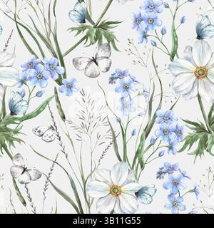 Wilde Blumen und Gras, blaue Vergissmeinnots, weiße Anemonen und Schmetterlinge. Botanisches nahtloses Muster auf grauem Hintergrund. Für Branding Stockfoto