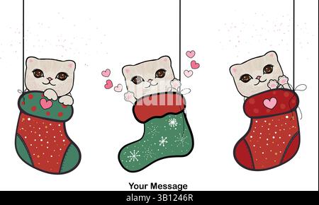 Niedliche Kätzchen mit Weihnachtssocken hängen. Grußkarte mit fröhlichem Weihnachtsdesign Stock Vektor