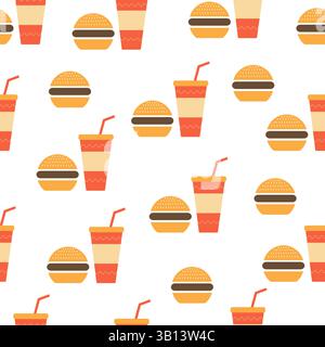 Helles und verspieltes Muster mit Burgern und Getränken auf weißem Hintergrund Stock Vektor
