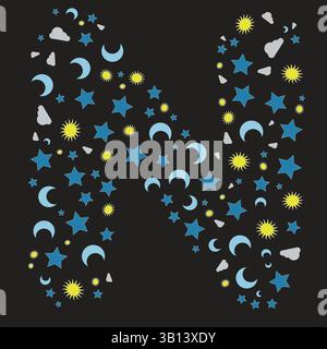 Abstraktes Muster auf N-Buchstaben mit Sonne, Mond, Wolke und Sternen, Vorlage für Banner, Poster und Karte Stock Vektor