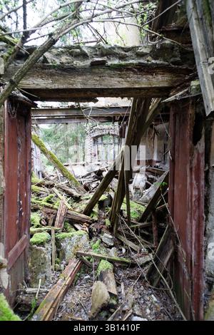 Bad Illstern, italien, verlor seinen Platz. Innenansicht eines eingestürzten Gebäudes mit Trümmern, Moos und Außenlandschaft durch ein bogenförmiges Fenster. Stockfoto