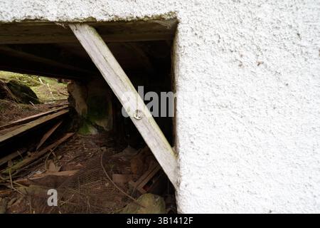 Bad Illstern, italien, verlor seinen Platz. Tiefwinkelansicht einer Außentür, die durch einen Holzbalken blockiert ist. Der Innenraum ist dunkel und voller Ablagerungen. Wand ist tex Stockfoto