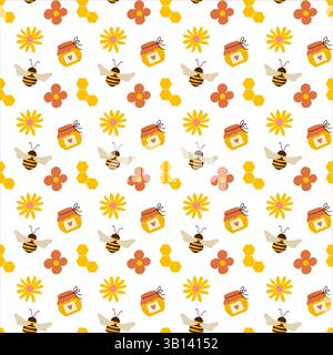 Süßes Muster mit Bienen, Honig und Blumen. Stock Vektor