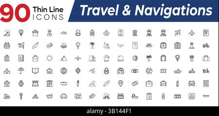 Umfangreiches Set von 90 modernen Thin Line Web-Symbolen für Reisen, Tourismus, Navigation, Transport und Abenteuer. Professionelle Vektor-Illustration Stock Vektor