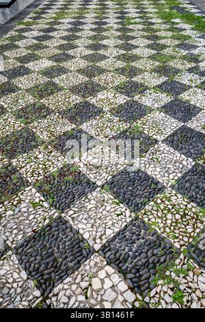 Geometrischer Pflastersteinpflaster mit aufstrebendem Grün: Einzigartige urbane Textur. Gemusterte Kopfsteinpflaster, Diamantmuster, schwarze und weiße Steine, Verblendung Stockfoto
