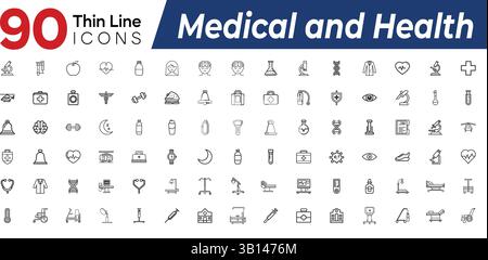 Umfangreiches Set von 90 modernen Thin Line Web-Symbolen für allgemeine medizinische Dienstleistungen, Gesundheitswesen, Wellness und Körperpflege. Professionelle Vektor-Illustration mit Stock Vektor