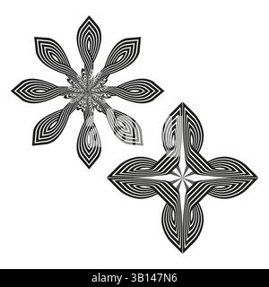 Abstrakte Blütenform. Optische Blumentäuschung. Schwarz-weiß-Vektor. Geometrische Blütendekoration. Stock Vektor