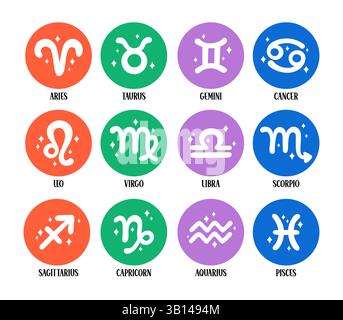 Bunte Sternzeichen Set isolierter astrologischer Elemente. Zwölf Sternzeichen in niedlichem, schlichtem Design. Vektor-Clipart-Illustrationen Sammlung Stock Vektor