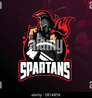 spartan Maskottchen Logo Design Vektor mit modernem Illustrationskonzept Stil für Abzeichen, Emblem und T-Shirt Druck. spartanische Illustration mit Schild. Stock Vektor