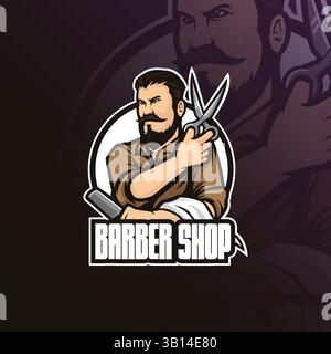 Barber Shop Vektor Maskottchen Logo Design mit modernem Illustrationskonzept Stil für Abzeichen, Emblem und T-Shirt Druck. Abbildung Friseur. Stock Vektor