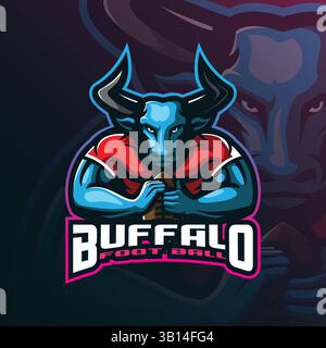 buffalo Mascot Logo Design Vektor mit modernem Illustrationskonzept Stil für Abzeichen, Emblem und T-Shirt Druck. Illustration des wütenden Büffelfußballs. Stock Vektor