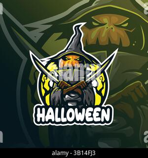 halloween Maskottchen Logo Design Vektor mit modernem Illustrationskonzept Stil für Abzeichen, Emblem und T-Shirt Druck. Illustration des wütenden Kürbis. Stock Vektor