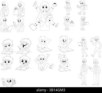 Schwarz-weiße Umrissfiguren für ein Malbuch für Kinder. Mit verschiedenen Zeichentrickfiguren in täglichen Aktivitäten Stock Vektor