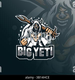 yeti Mascot Logo Design Vektor mit modernem Illustrationskonzept Stil für Abzeichen, Emblem und T-Shirt Druck. Wütende Yeti-Illustration mit Baum in der Hand. Stock Vektor