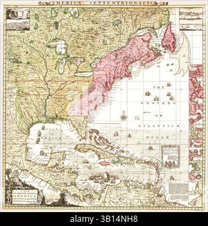 Dies ist eine verbesserte, restaurierte Reproduktion einer antiken Karte aus der Zeit um 1733 mit dem Titel „eine Karte des britischen Empire in Amerika mit den französischen und spanischen Siedlungen angrenzend daran“. Die dargestellten Einsätze umfassen Mexiko, Niagarafälle, Quebec, New York, Antigua, Barbados, Providence und Boston. Die Karte zeigt britische, französische und spanische Kolonialgüter. Die Kartusche unten links zeigt Eingeborene, einen Alligator und einen abgetrennten Kopf. Stockfoto