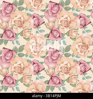 Nahtloses Muster mit beigen und rosa Rosen Stockfoto