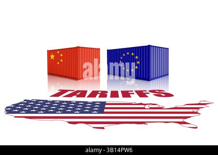 Handel mit Containern mit China- und EU-Flaggen auf einer Karte der USA. Handel, Zoll, Zoll und Zölle Krieg Stockfoto