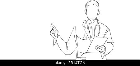 Arzt mit Krankenhauskleid mit digitalem Tablet in der Pose eine Linie Zeichnung kontinuierliche Hand gezeichnet minimalistische Kunst Stock Vektor