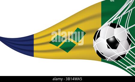 Fußball-Fußball im Tornetz mit Saint Vincent und der Grenadinen Wellenflagge، Sportzubehör und schwenkende Flagge Stock Vektor