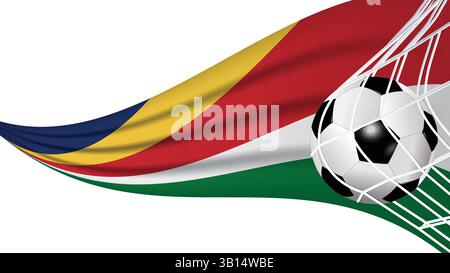 Fußball-Fußball-Ball im Tornetz mit seychellischer wellenförmiger Flagge, Sportzubehör Ausrüstung und schwenkende Flagge Illustration Vektor Stock Vektor