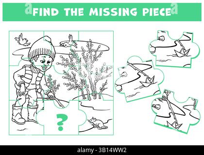 Logikspiel für Kinder mit einem Jungen, der ein Papierboot im Fluss startet. Seite für Kinder Gehirn Teaser Buch. Aufgabe für Aufmerksamkeit. Entwicklung des räumlichen Denkens Stock Vektor