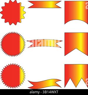 Set aus 9 leuchtenden Farbabzeichen und Bändchen-Vektordesigns in Rot-, Orange- und Gelbtönen. Isoliert auf weißem Hintergrund. Stock Vektor