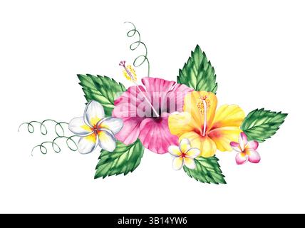 Blumenstrauß Aquarellillustration, tropische Blumen Hibiskus, Palmblätter isoliert auf weißem Hintergrund. Tropische, süße Illustrationen im Sommer Stockfoto