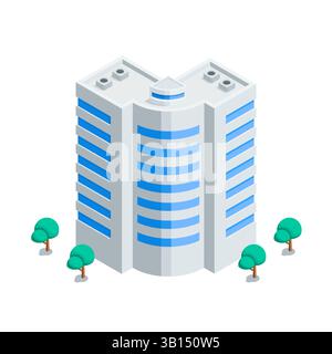 Isometrisches Vektor Hochhaus und Bäume, in Farbe auf weißem Hintergrund, Stadtgebäude Stock Vektor
