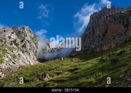 Berglandschaft in der Cares-Schlucht in Spanien mit ihren felsigen Klippen und Vegetation Stockfoto