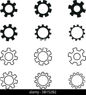 Minimalistischer Silhouette Zahnrad und Zahnrad Symbol Set oder minimaler mechanischer Vektor auf weißem Hintergrund Stock Vektor