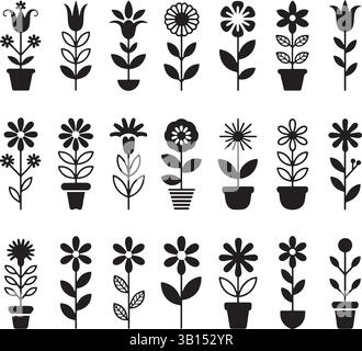 Blume Silhouette Vektor-Symbol-Set oder Schwarze Blumenformen, Blütenblätter und Pflanzen auf weißem Hintergrund Stock Vektor