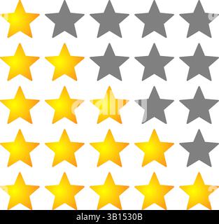 Fünf Sterne, die unterschiedliche Zufriedenheit zeigen, von voll- bis Teilsternen. Nützliches Tool für Feedback und Rezensionen. Stock Vektor
