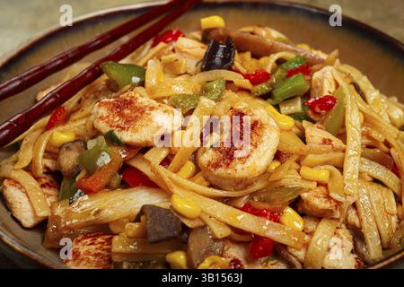 Gebratene Nudeln mit Hühnerfleisch und Gemüse, Bami Goreng, indonesisches Gericht, keine Leute Stockfoto