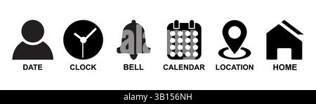 Datum, Uhrzeit, Standortadresse, Benachrichtigungssymbol. Uhr, Kalender, Standort-PIN, Startseite, Glockensymbol. Web-Symbol-Set-Design für Sie. Vektorabbildung. Stock Vektor