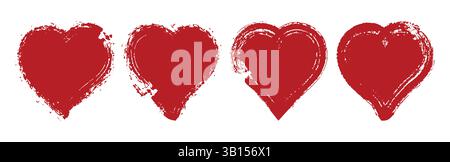 Herzsymbole. Grunge Red Vektor Hand gezeichnete Herzen Doodles Sammlung. Handgezeichnet rote Herzen Pinsel Linie Grunge Textur trendiges modernes Design. Stock Vektor