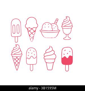 Flache Darstellung verschiedener Eissorten, einschließlich Eiskegel, Eisbecher und weiche Servierteller, perfekt für Desserts und süße Leckereien Stock Vektor