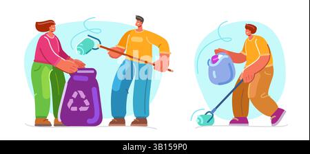 Menschen sammeln Müll zusammen, entfernen Abfälle, sammeln Müll in Taschen. Freiwillige schützen die Umwelt Stock Vektor