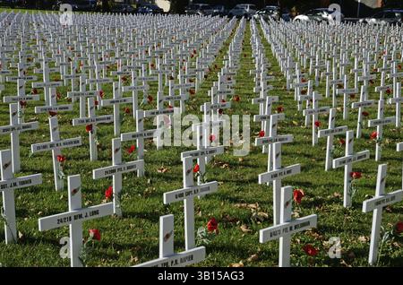 Ein Kreuzfeld repräsentiert diejenigen, die während des Ersten Weltkriegs ums Leben kamen, für eine Gedenkstätte am Anzac Day in Christchurch, Neuseeland, 2018, Ozeanien Stockfoto