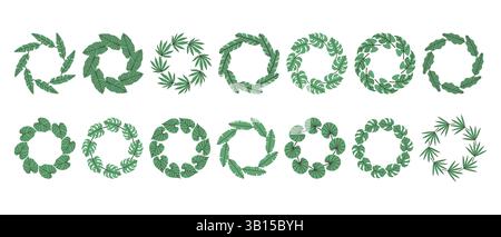 Einfaches tropisches Blatt mit rundem Rahmen. Helle Illustration für Karte, Einladungskarte für Hochzeit, Geburtstag und anderen Feiertag Stock Vektor