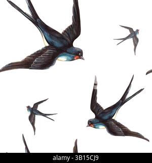 Slulows Birds Frühlingsmuster im Vintage-Stil. Handgezeichnete Aquarell isolierte Vogelschablone. Perfekt für Retro-Geschenkpapier, saisonal Stockfoto