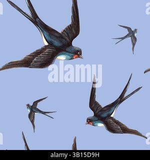 Blaues, nahtloses Frühlingsmuster mit Schwalbenvögeln. Handgezeichnetes Vintage-Aquarell. Perfekt für Retro-Geschenkpapier, saisonale Arrangements, Valentinstag Stockfoto