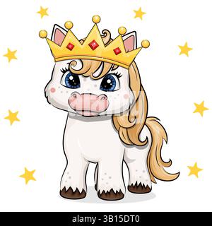 Niedlicher Cartoon-Pferdekönig mit der goldenen Krone. Vektortierillustration auf weißem Hintergrund mit Sternen. Stock Vektor