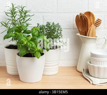 Aromatische Kräuter wie Basilikum, Rosmarin und Thymian wachsen in weißen Töpfen auf einer hölzernen Küchenarbeitsfläche und fördern einen gesunden und nachhaltigen Lebensstil Stockfoto