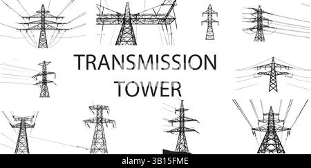 Hochspannungs-Übertragungsturm-Design | Powerline Structure Vector & Blueprint Template Stock Vektor