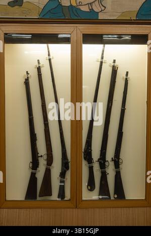 Einige Gewehre, die eine Vielzahl von Waffen zeigen, wie z. B. Feuerstein, Muskete, Matchschloss, Mündungsladung, Mündung. Stockfoto
